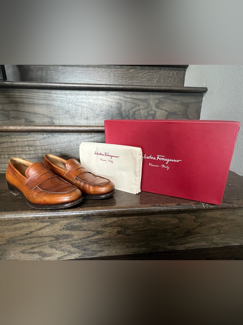 Salvatore Ferragamo Men’s Rinaldo Cognac Leather Penny Loafers 8 1/2 D